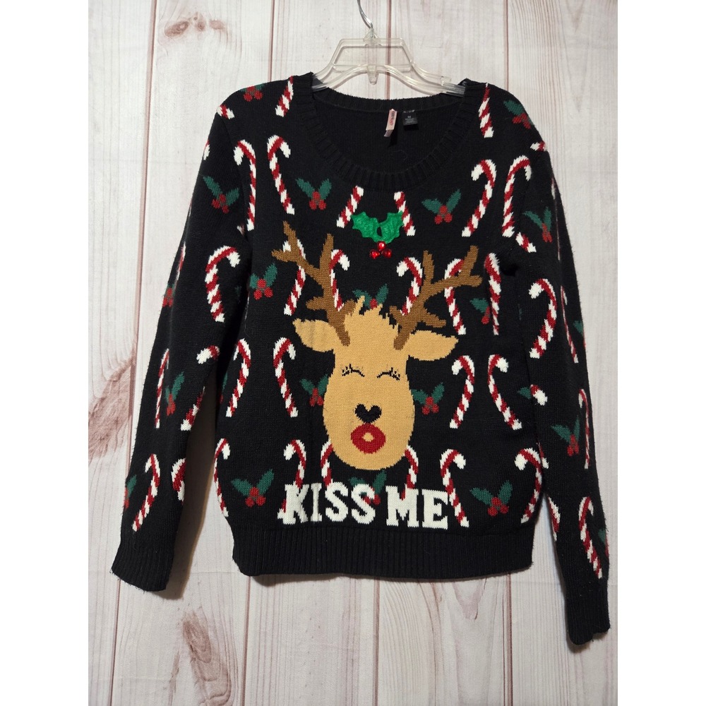 Love By Design Womens Reindeer Kiss Me‎ Christmas Ugly Sweater Black Medium